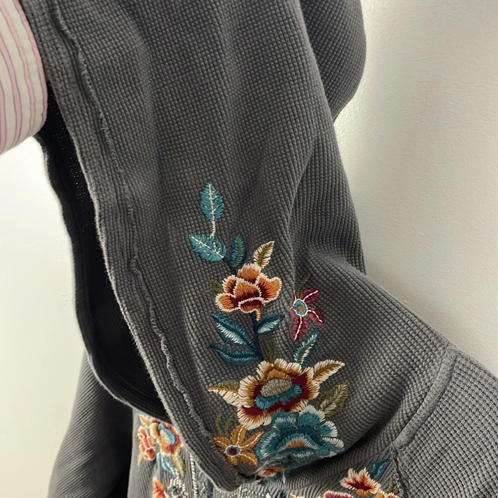 Johnny Was Charcoal Floral Embroidered Hoodie Blouse - Picture 7 of 7